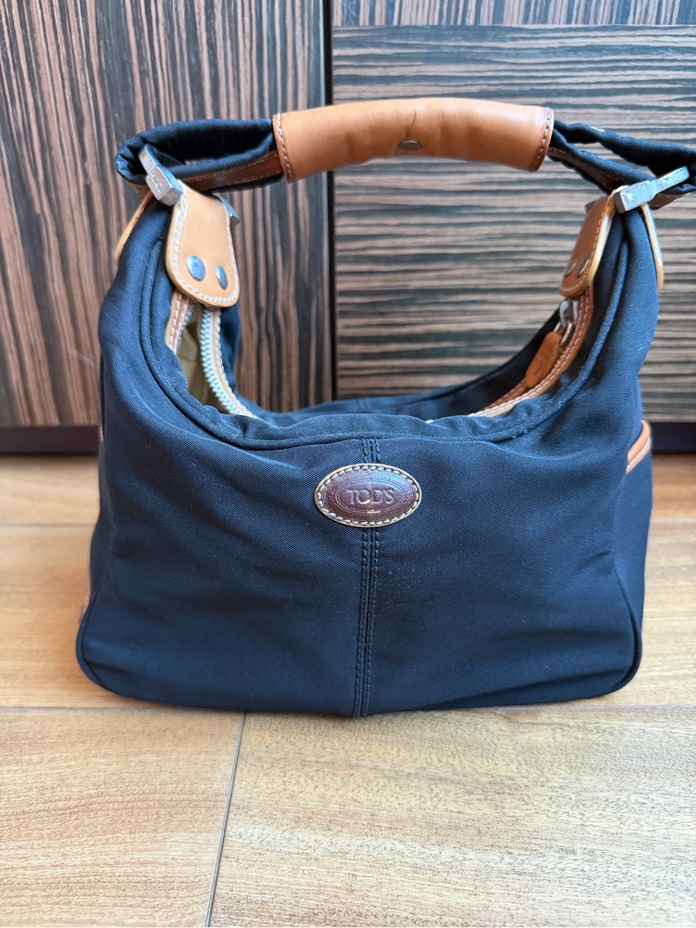 Tod's Black Canvas Hand Bag with Tan Leather Trim